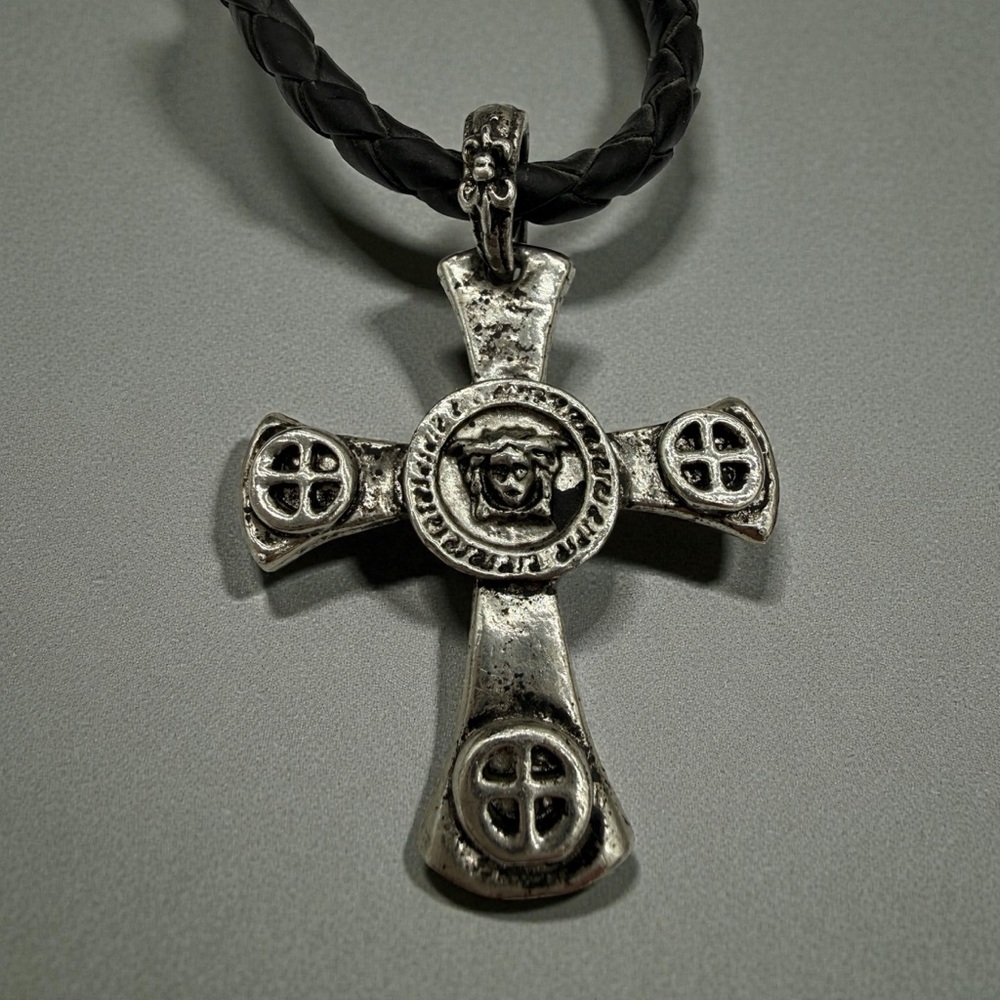 Silver Cross Pendant on Braided Leather with Eagle Head Clasp